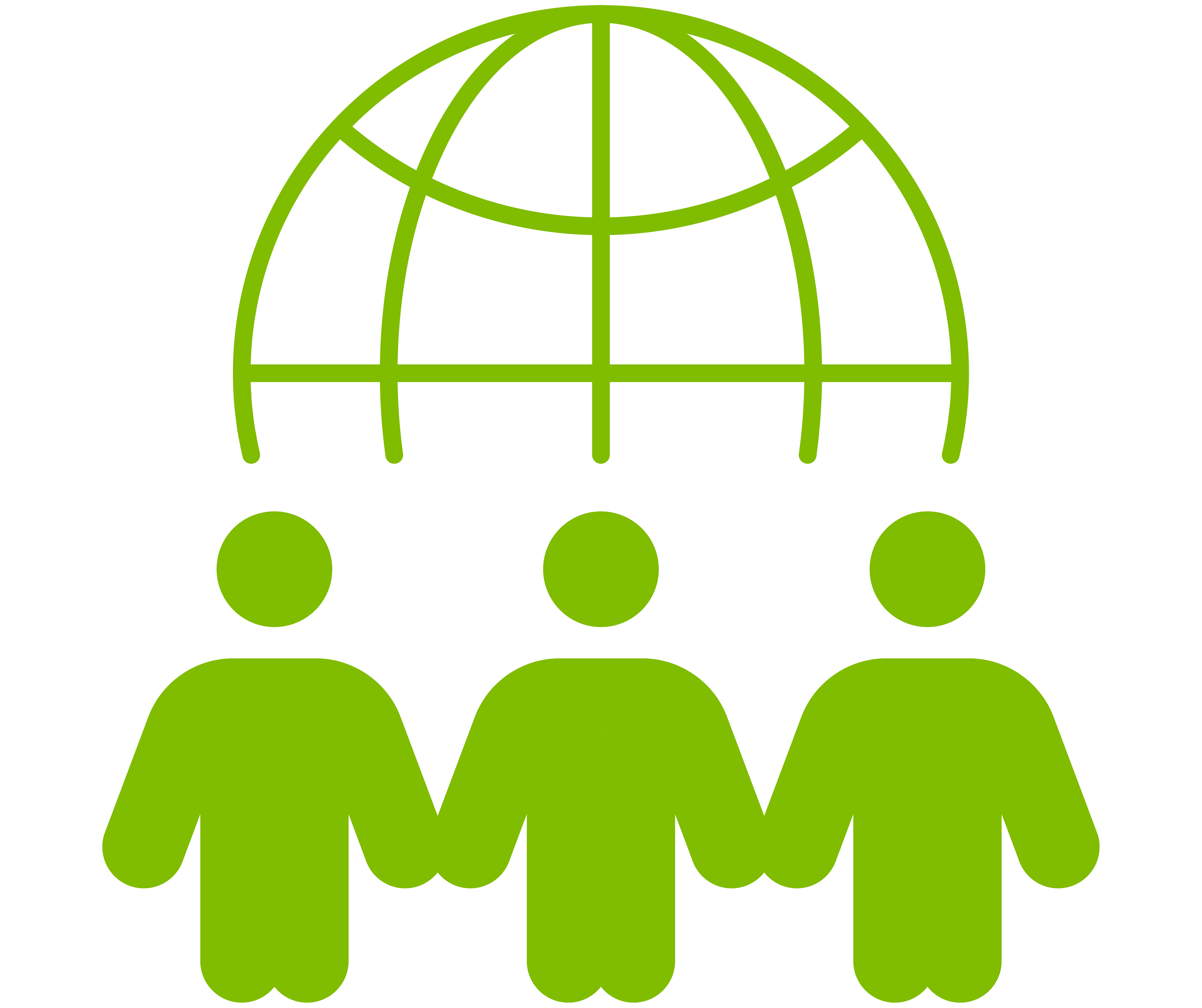 A green icon of three people standing in front of a globe